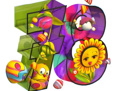 Cartoon 3D illustration Number 7 8 Bird Flower Low-poly 3D model