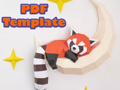Red panda on the moon PDF template pepakura papercraft origami 3D model