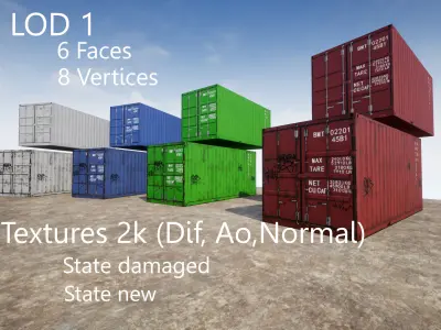 Container 20ft with 2 LOD for physically based rendering Low-poly 3D model