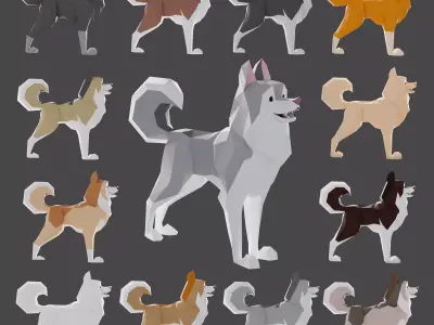 Pack of 12 low poly stylized husky dogs  Low-poly 3D model