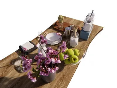 3D set furniture Rustic Breakfast Table Low-poly 3D model