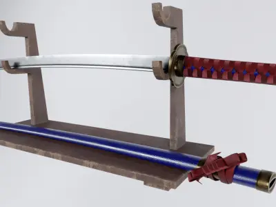 Katana Samurai Sword and Stand Low-poly 3D model