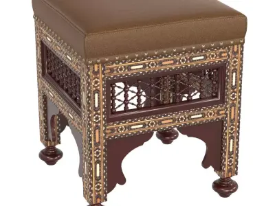 Moroccan Carved and Inlaid Square Upholstered Stool 3D model