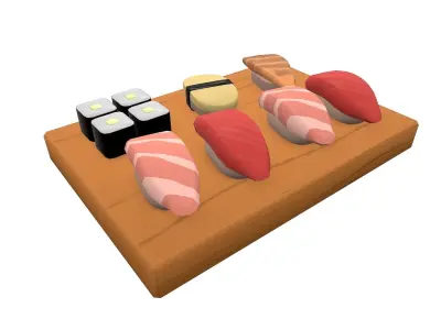 Sushi on wooden cutting board Low-poly 3D model