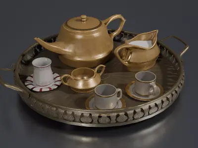 Brass Teapot Set Low-poly 3D model