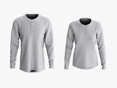 Male and Female T-Shirt Dropped Shoulder Henley Collar Long Sleeve Collection 3D model