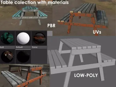 Old worn wooden cafeteria table Low-poly 3D model
