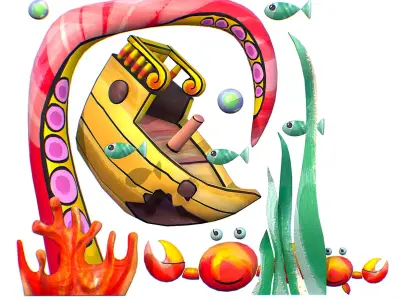 Cartoon 3D illustration Sea Animal Sunken Ship Low-poly 3D model