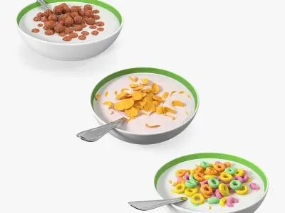 Bowl of Breakfast Cereals with Milk Collection 3D model