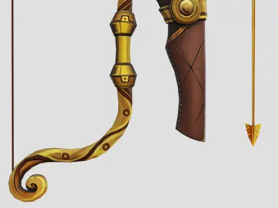 Golden Bow Gold Arrow Brown Leather Quiver Lowpoly Weapons Low-poly 3D model