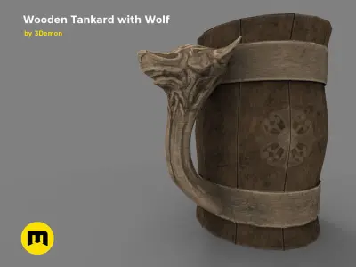 Wooden Historic Tankard with Wolf Low-poly 3D model