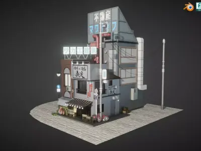 Stylized Japanese Street corner Store and Shops Low-poly 3D model