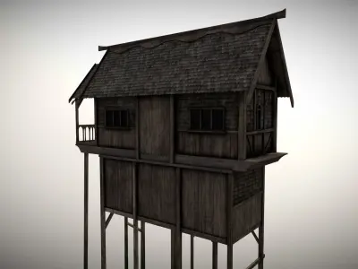 Medieval Lake Village - House 3 with interiors Low-poly 3D model