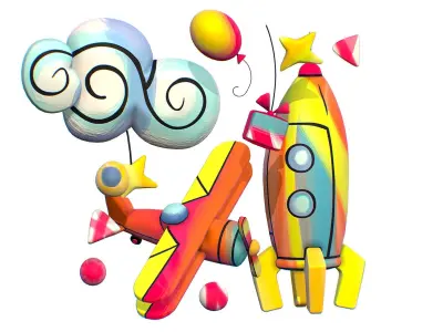 Cartoon 3D illustration Aircraft Rocket Toy Low-poly 3D model