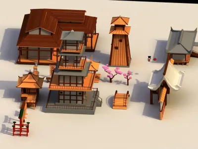 Low Poly Traditional Japanese Town Low-poly 3D model