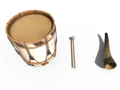 Historic war drum and signal horn Low-poly 3D model