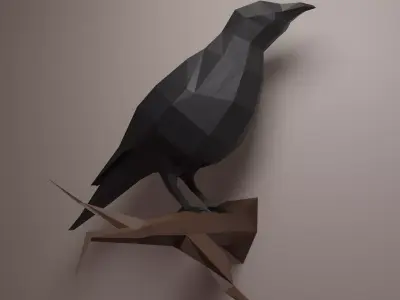 Crow low poly 3d model raven on branch 3D model
