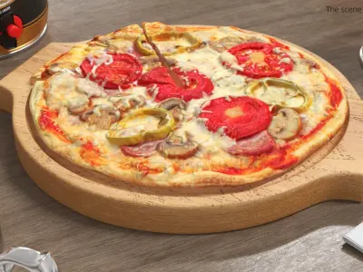 Round Serving Board with Pizza 3D model