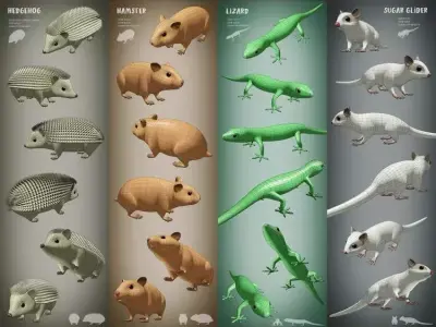 100 Low Poly Animals Base Meshes Pack Domestic Farm Pet Low-poly 3D model