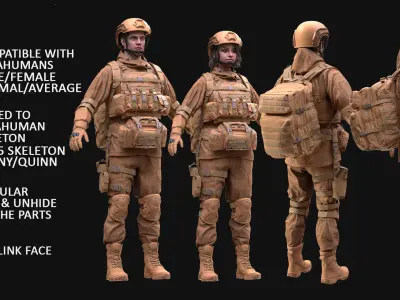 Military Outfit 1 - Male - Female MH - UE5 Skeletons - Rigged Low-poly 3D model
