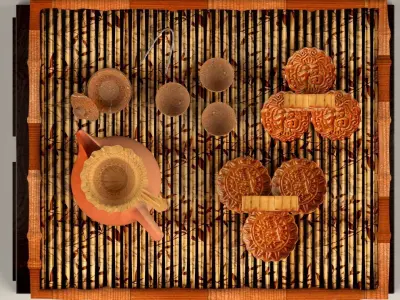Chinese moon cake with tea set 3D model