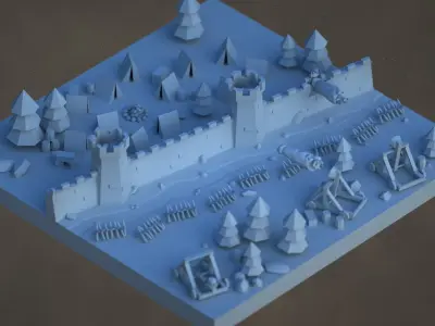 Isometric low-poly medieval castle wall Low-poly 3D model