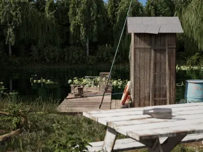 Fishermans platform by the lake Low-poly 3D model