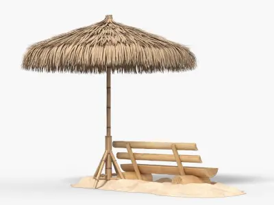 Wooden Bench under Straw Umbrella on Sand 3D model