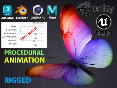 Butterfly with Procedural Animated Low-poly 3D model