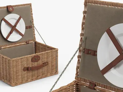 Willow Picnic Basket with Ceramic Plate Open Brown 3D model