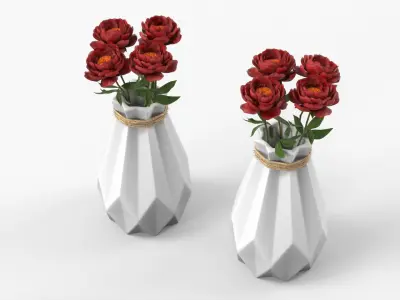 Geometric Ceramic Vase with Dark Red Peonies 3D model