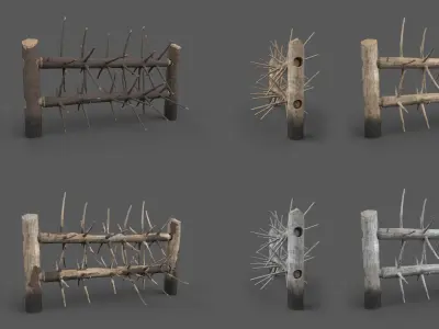 Medieval spiky tree trunk barricade Low-poly 3D model