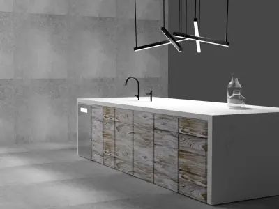 Kitchen island joinery with overhanging feature pendant lighting 3D model