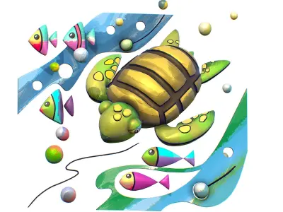 Cartoon 3D illustration Sea Animal Turtle Fish Low-poly 3D model
