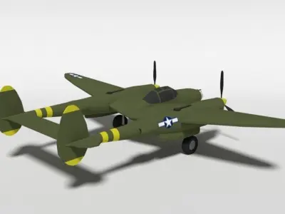 Low Poly Cartoon Lockheed P38 - Lighting WWII Airplane Low-poly 3D model