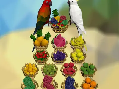 Fruits and Parrots Low-poly 3D model