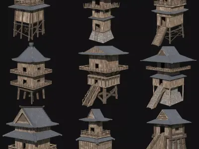 JAPANESE TOWER WATCHTOWER WALLS FEUDAL FENCE COLLECTION Low-poly 3D model