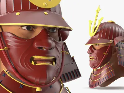 Armored Samurai Head with Kabuto and Menpo Red 3D model