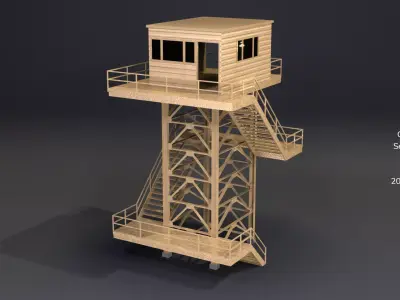 PBR Low Poly Guard Tower Security Watch Tower Cream Clean Low-poly 3D model