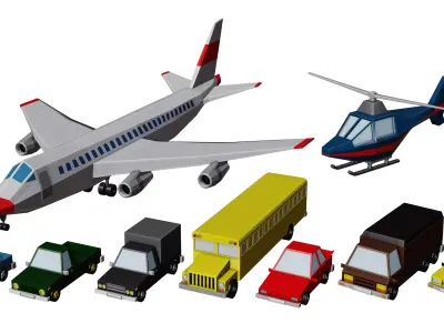 Low poly Vehicle assets for 3D games - Car Van Bus Plane Low-poly 3D model