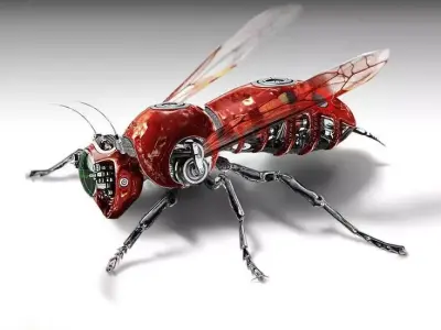 Futuristic Red Robotic Bee Transparent Wings Gears Low-poly 3D model