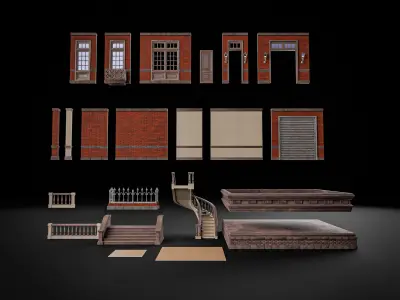 MODULAR BUILDING WITH INTERIOR KITBASH 01 Low-poly 3D model