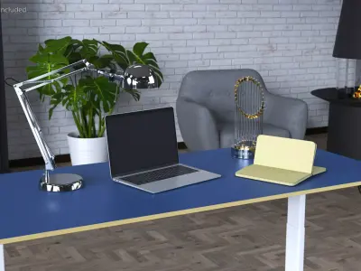 Baseball Modern Adjustable Desk with Laptop and Trophy 3D model