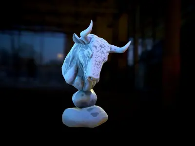BULL gameready head on rock Low-poly 3D model