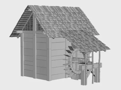 Enterable small early medieval watermill Low-poly 3D model