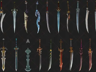 100 Fantasy Battle Sword 2D Game Asset 3D model