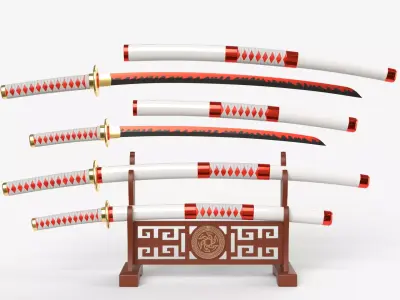 White Double Bladed Katana Wakizashi and Stand 3D model