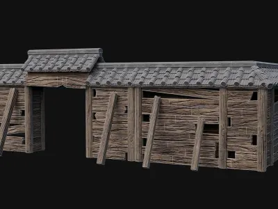 RUINED JAPANESE WALLS PALISADE FEUDAL FENCE BARRIER COLLECTION Low-poly 3D model