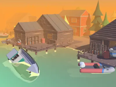 Poligonal Fisher Town Low-poly 3D model