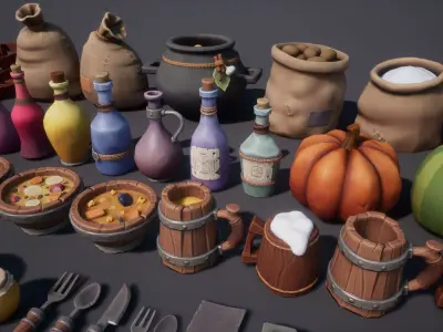 Stylized Food 3D Pack with Meat Fruits Vegetables Dishes Low-poly 3D model